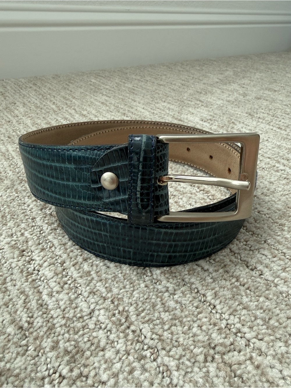 Unisex Blue Lizard Textured Leather Belt Made in Italy